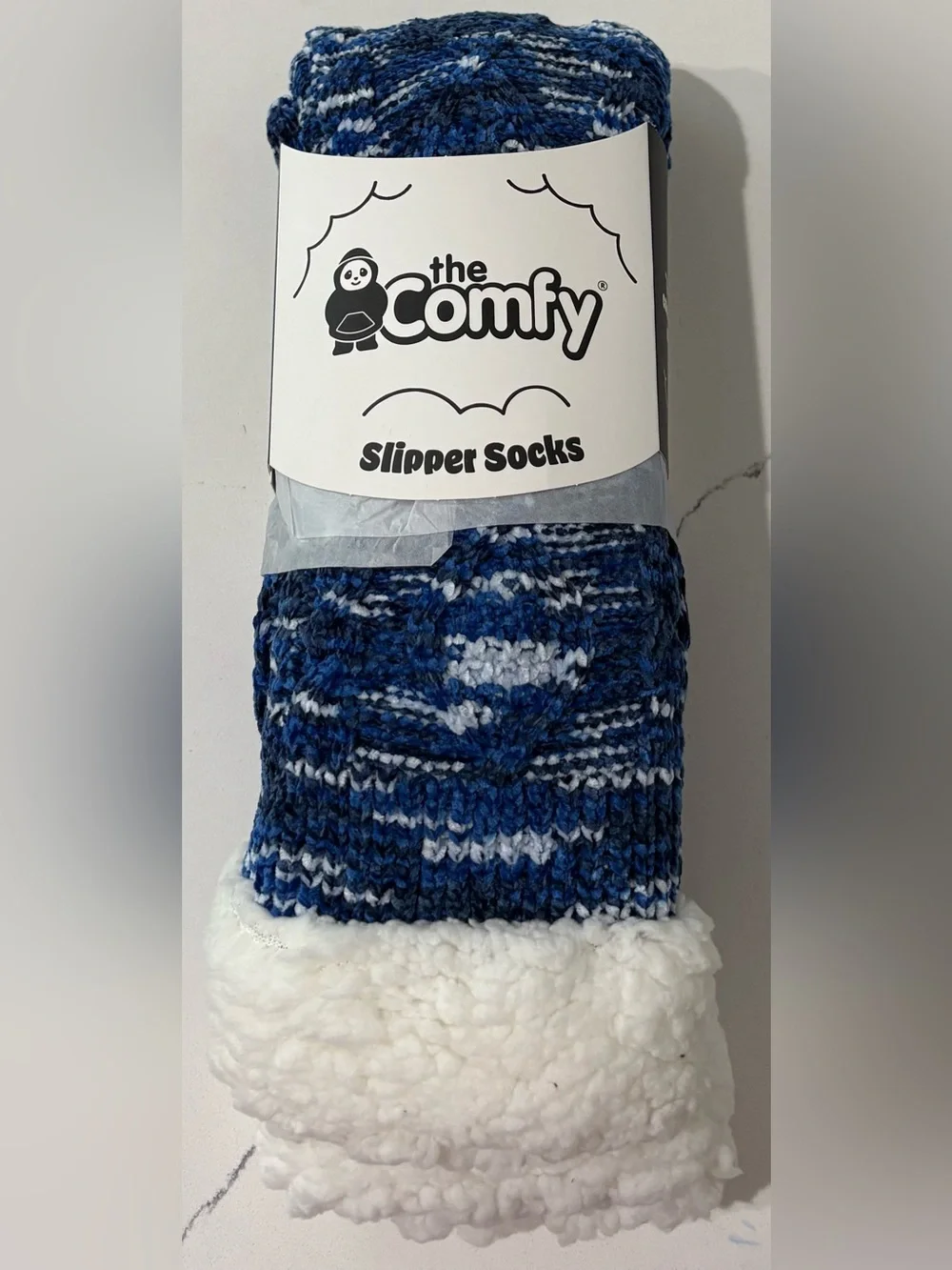 The Comfy Slipper Socks - Blue & White Cozy Knit-Brand New